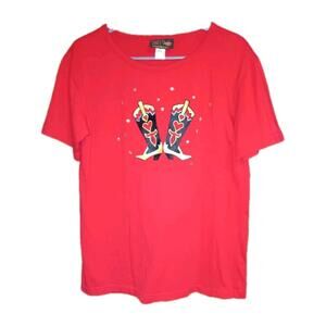 Bob Mackie Wearable Art Red Pullover Top Lg 100% Cotton Embroidered Cowboy Boots